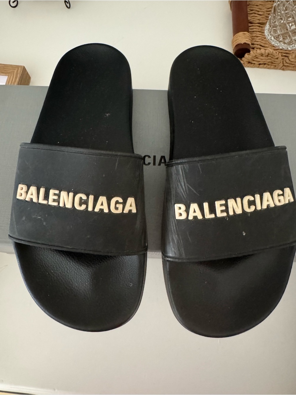 Balenciaga Black Slides with Cream Logo